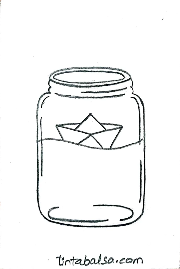 A glass jar drawing capturing a storm, complete with clouds and lightning, transforming a simple object into a striking aesthetic concept.
