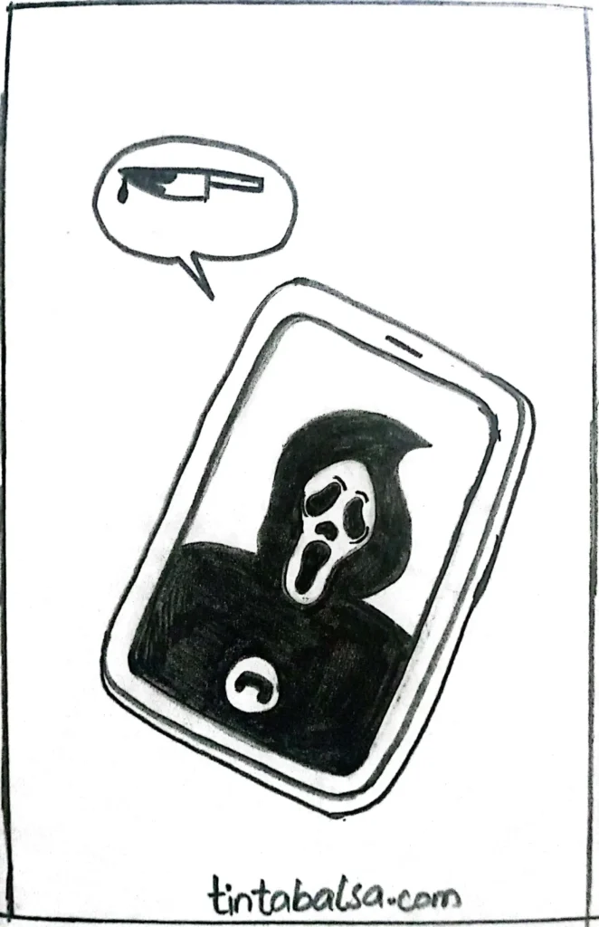 A phone ringing ominously with a shadowy figure in the background, hinting at a classic spooky scene.