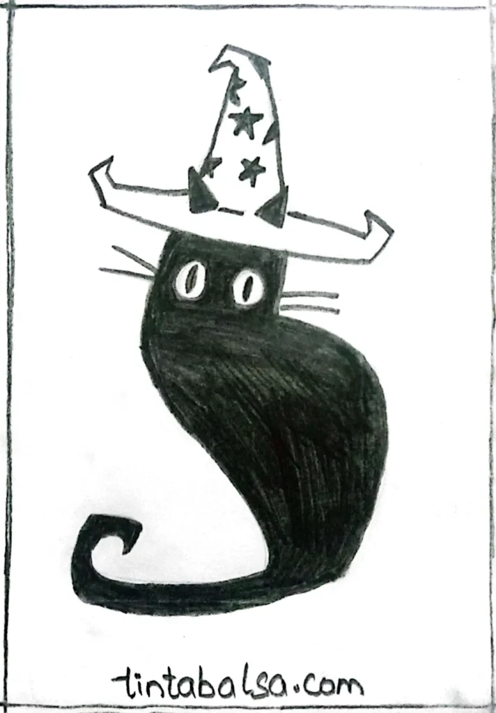 A black cat wearing a witch’s hat, featuring magical details like pointy ears and black spots.