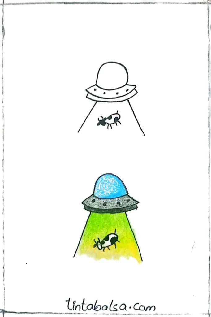 A UFO drawing with a beam of light or alien figure, great for sci-fi fans.