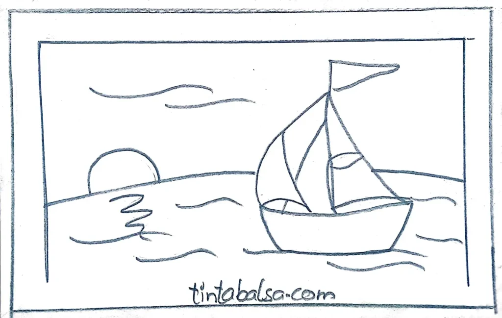 Un Barco en el Agua: Sketch de un barco navegando tranquilamente sobre las aguas, con sus velas desplegadas y moviéndose al ritmo del viento. Las olas suaves reflejan la luz del sol, y el barco tiene detalles precisos en su casco y velas. El cielo despejado completa la atmósfera serena de la escena.