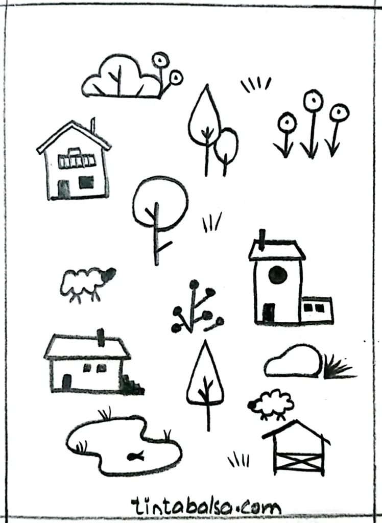 Illustration of a quaint village with simple houses, trees, and a flat layout for easy sketching.