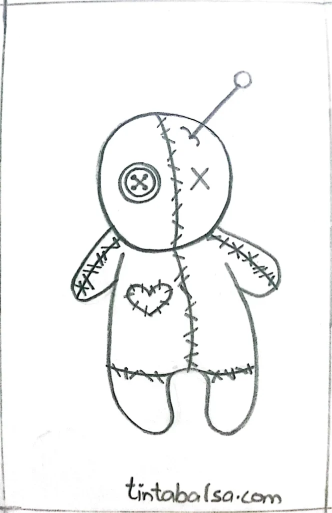 A stitched voodoo doll with irregular features, adding a creepy and eerie vibe.