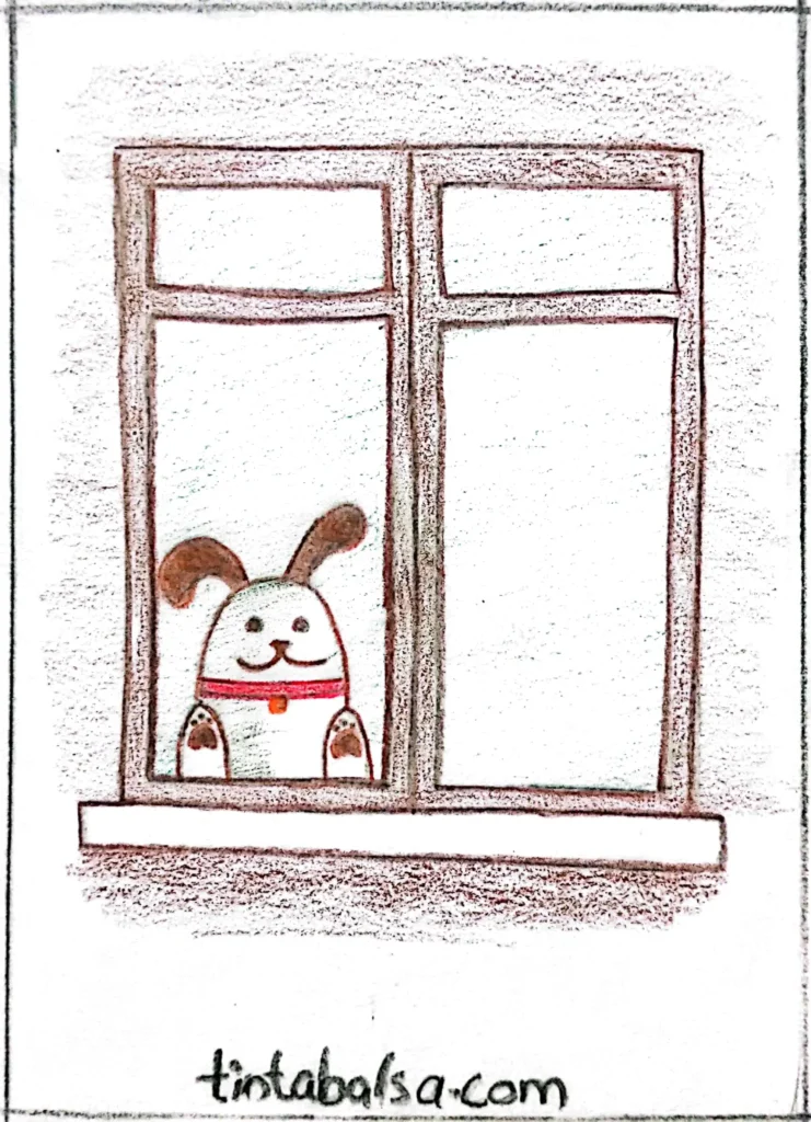 A simple drawing of a dog sitting by a window, gazing outside.