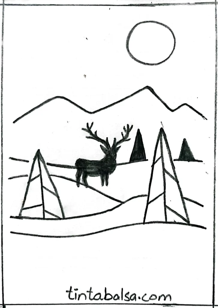 Drawing of a winter scene with snowy trees, drifts, and the silhouette of a deer in the foreground.