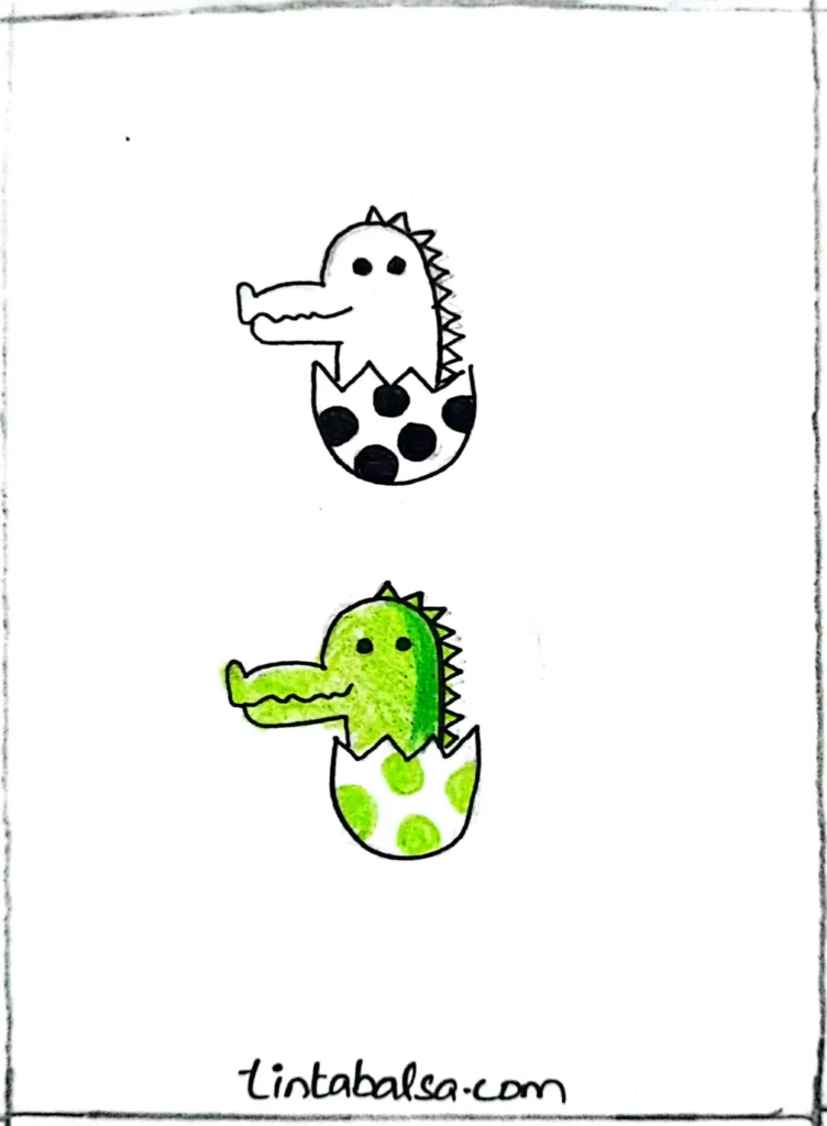 A fun crocodile hatching from an egg-shaped design.