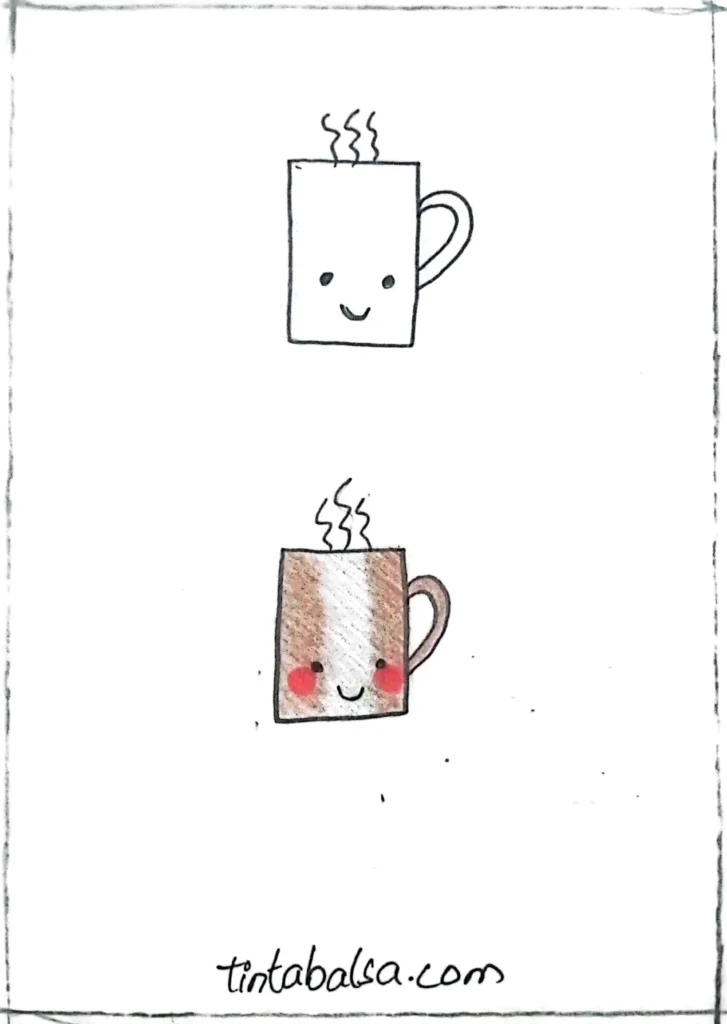 A small cup with an adorable face, adding warmth and charm to sketches.