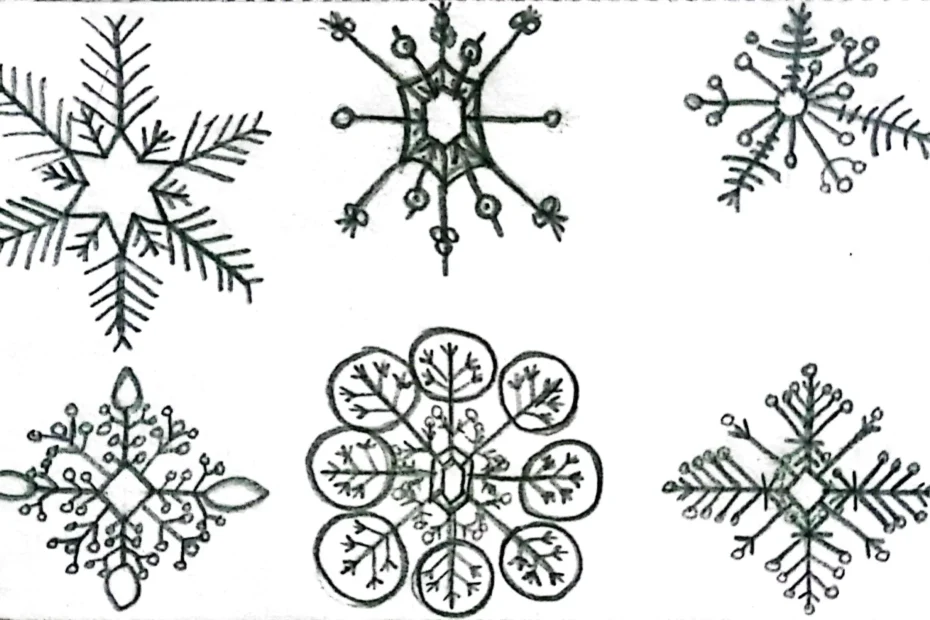 Dibujo de copos de nieve, mostrando detalles intrincados y simétricos típicos de los cristales de hielo en su forma natural.