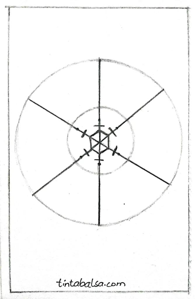 Cruza las líneas principales con pequeñas marcas y puntos guía para el diseño del copo.