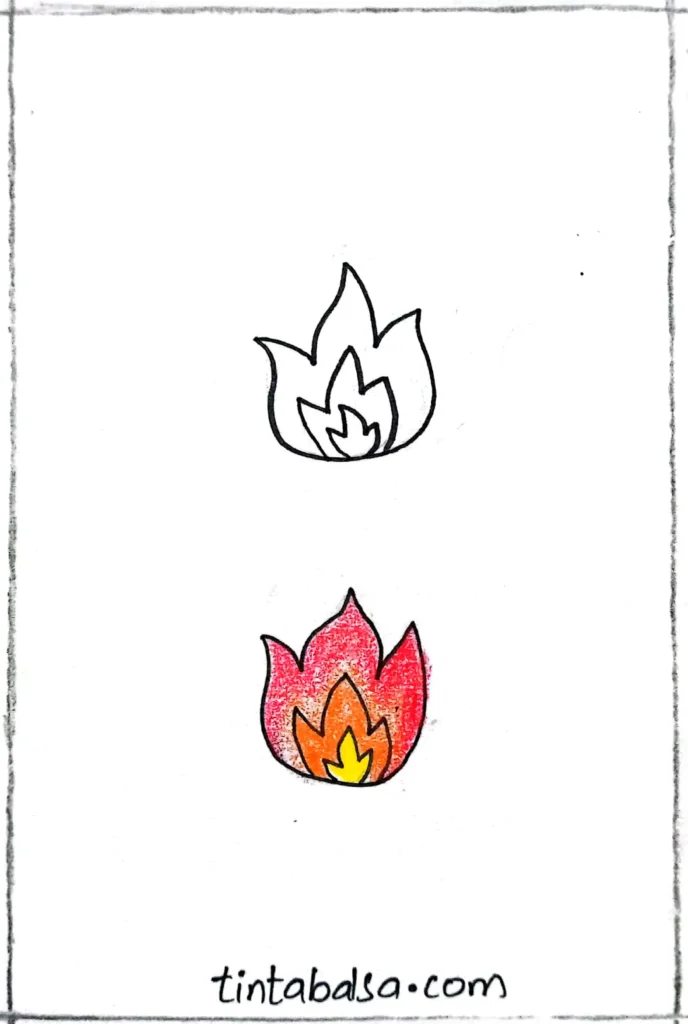 A striking flame design with added elements like candles or campfires.