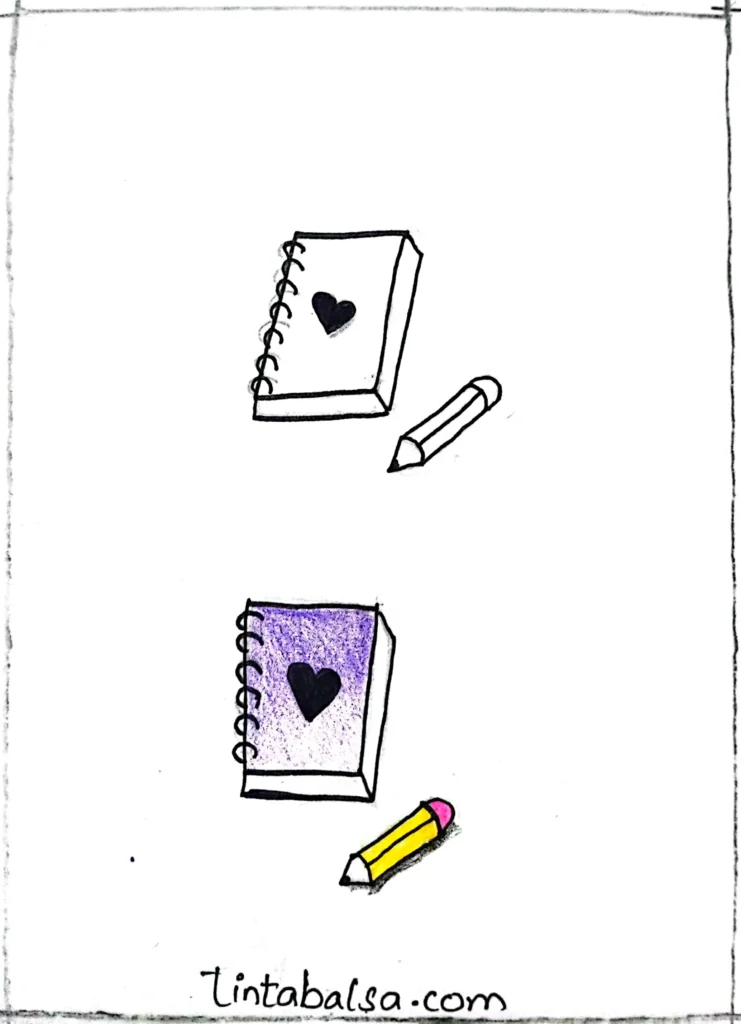 A notebook and pencil drawing, adding a creative touch.
