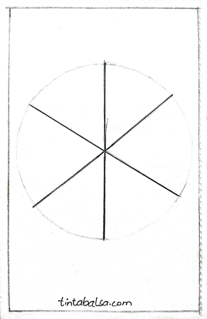 Cruza líneas para dividir un círculo en seis partes, creando la base del copo de nieve.