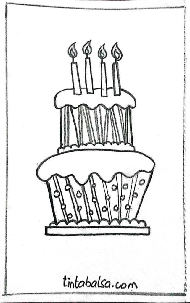 "Illustration of a tower of cupcakes in colourful wrappers, each topped with unique frosting designs and small candles birthday drawings