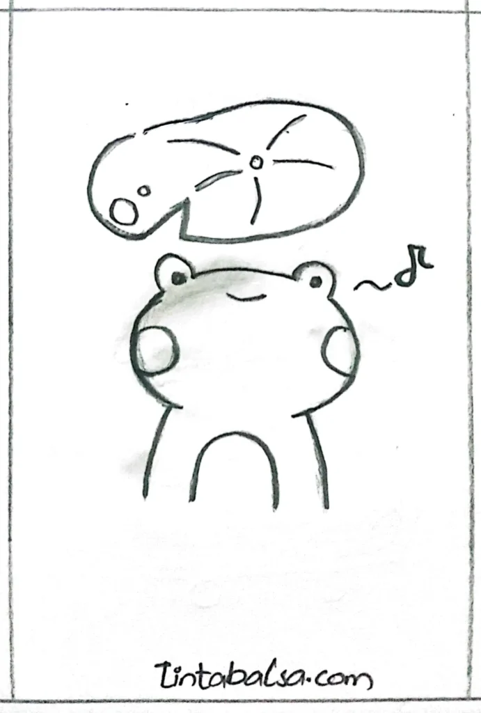"A frog singing a serenade under the moonlight."