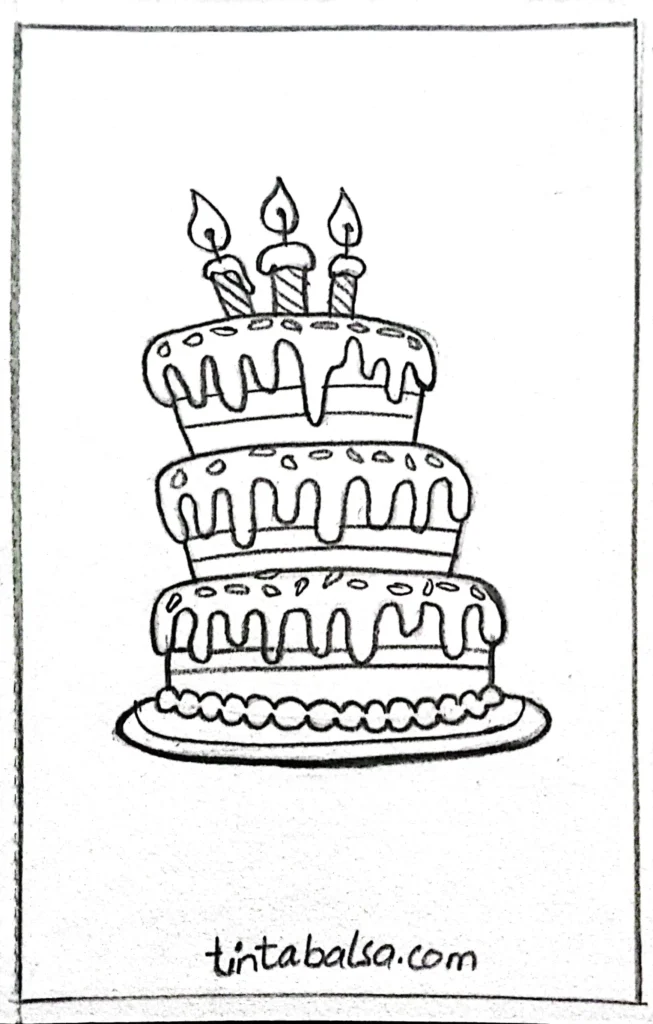 "Illustration of a multi-tiered birthday cake with lit candles, decorated with vibrant colours and intricate icing details."