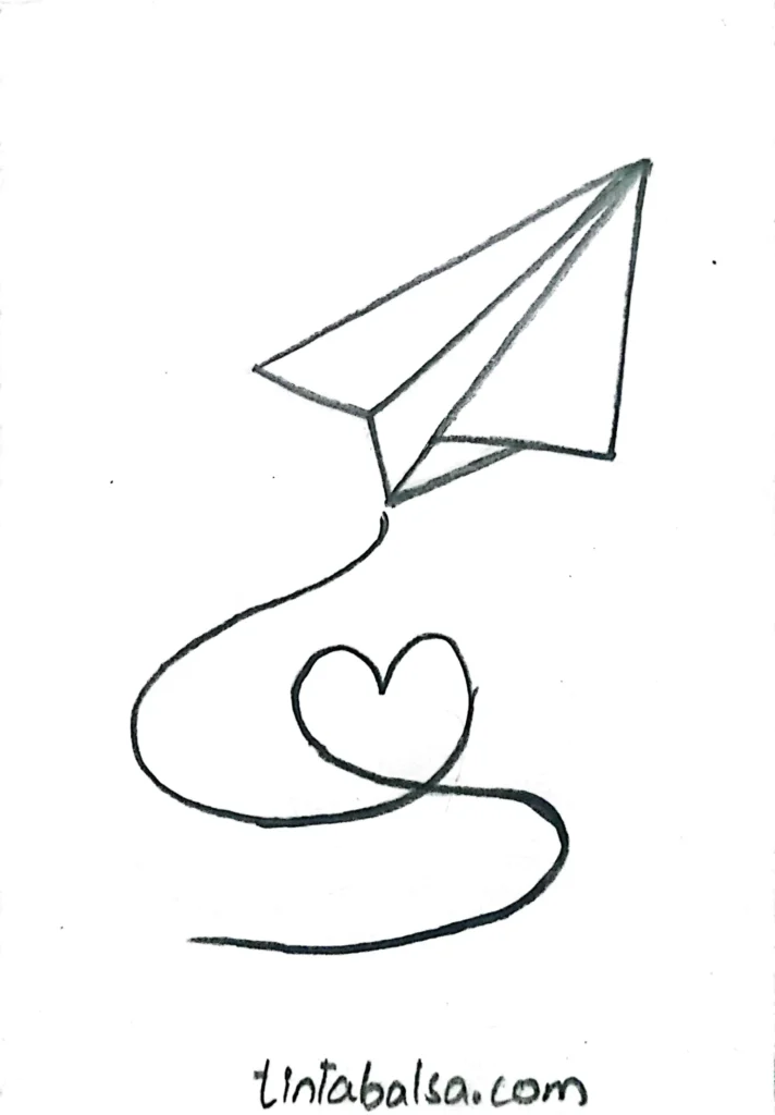 Sketch of a paper airplane with a heart, ideal for transmitting romantic messages.