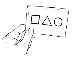 Graphic design of the cards with circle, triangle and square symbols used in the series.