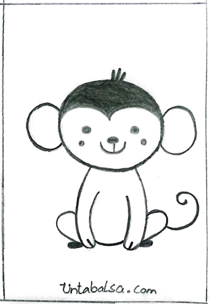 Drawing of a monkey's head colored in black ink for striking contrast