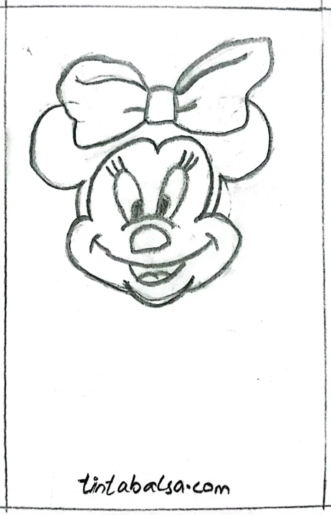 Minnie Mouse Drawing "Drawing of Minnie Mouse with her signature bow and fancy dress, perfect for Disney character tutorials."