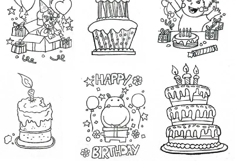 "Artistic depiction of birthday elements like cakes, balloons, and gifts, symbolising joyful celebrations through drawings."