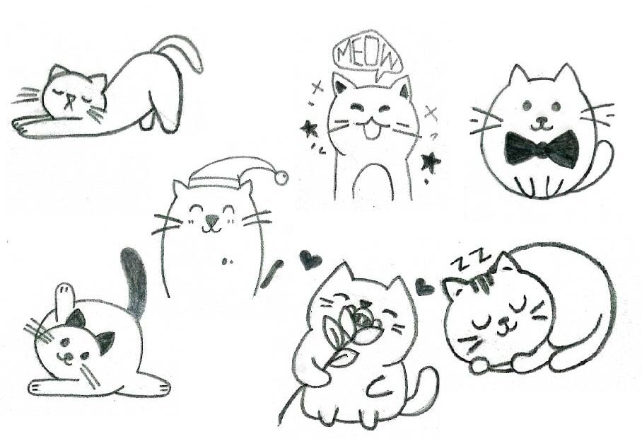 13 Easy and Cute Ideas for Cat Drawings,' featuring a playful doodle of a cat with a pawprint design in the background.