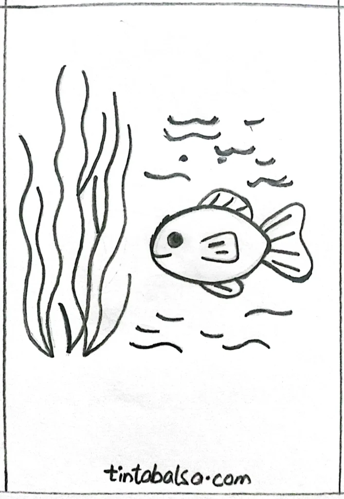 Illustrate a fish swimming among seaweed in an underwater scene."