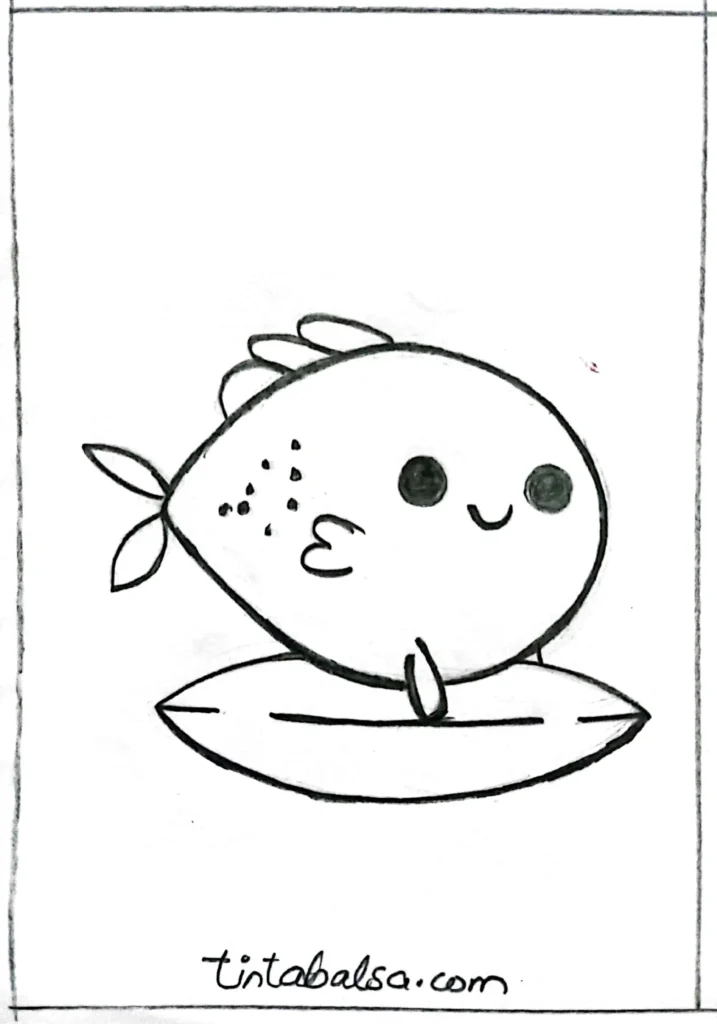 "Draw a cheerful fish holding a surfboard in a beach-themed setting."