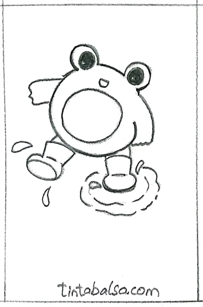 "A frog wearing rain boots, joyfully splashing in a puddle."