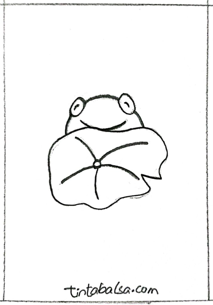 "A frog hiding behind plants, peeking playfully."