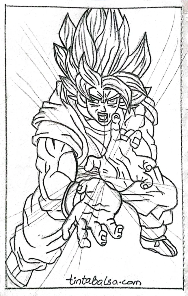 "An action-packed Goku drawing of him launching the Kamehameha, with a bright explosion of energy radiating from his hands."