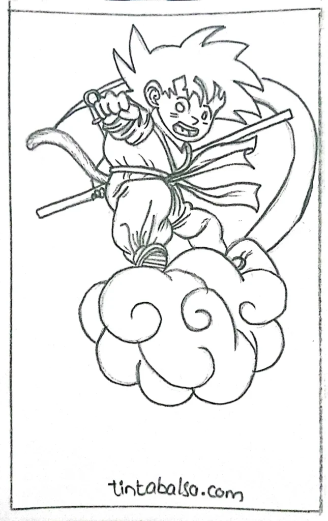 "A cheerful Goku drawing of his younger self flying on the Flying Nimbus, smiling as he soars through the skies."