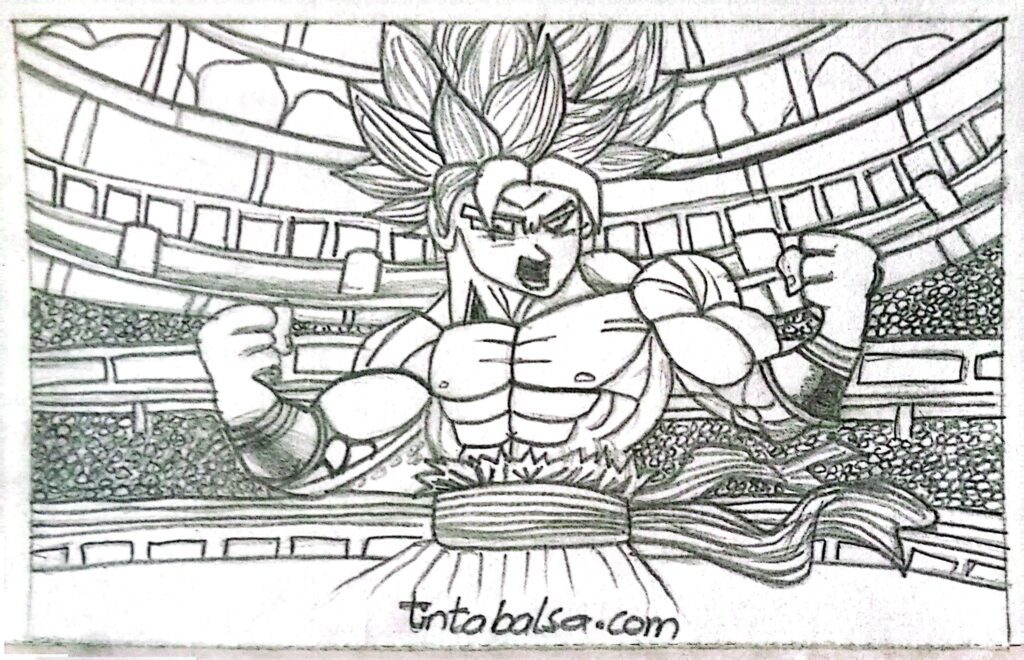 "Dynamic drawing of Goku in the Tournament of Power, mid-battle, surrounded by a vibrant energy aura and the arena's intense atmosphere, reflecting his determination and strength."






