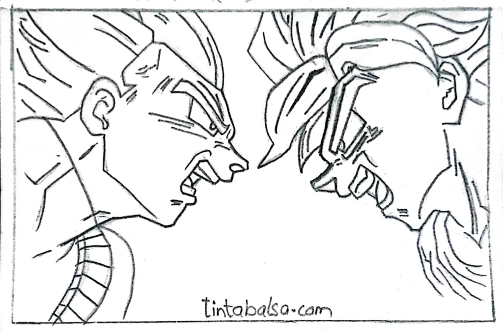 "An epic Goku drawing showcasing his battle with Vegeta, filled with intense energy and iconic anime movements."