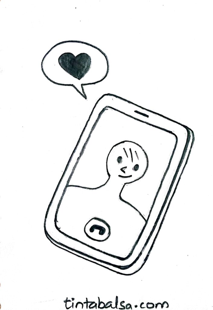 Sketch of a phone with a heart, expressing a message of love from a distance."