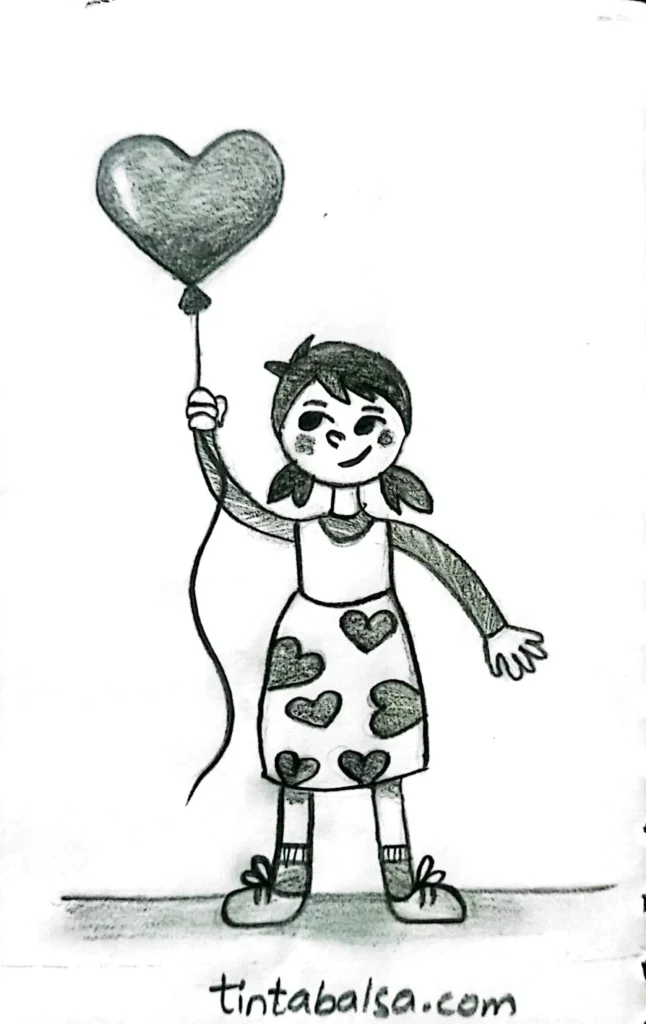 Drawing of a cute doll with a voluminous and elegant dress full of details.