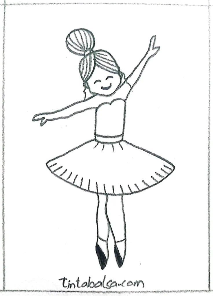 Drawing of a doll with a tutu and in a classical ballet position.