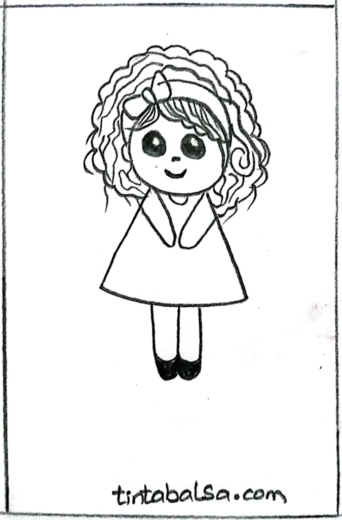 Illustration of a doll with long hair and detailed curls.