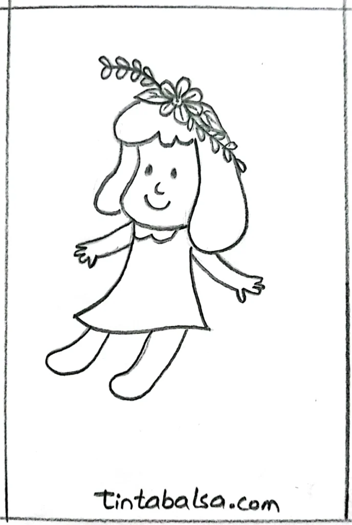 Drawing of a doll with flowers decorating her hair in a natural way.