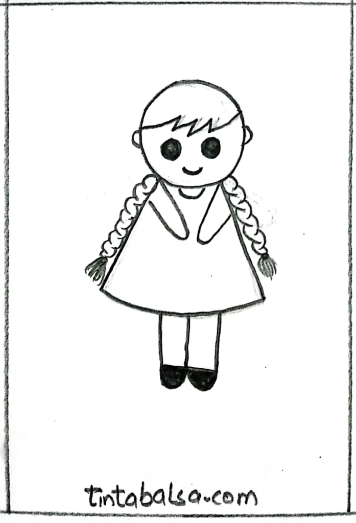 Drawing of a doll with long and detailed braided hairstyles.