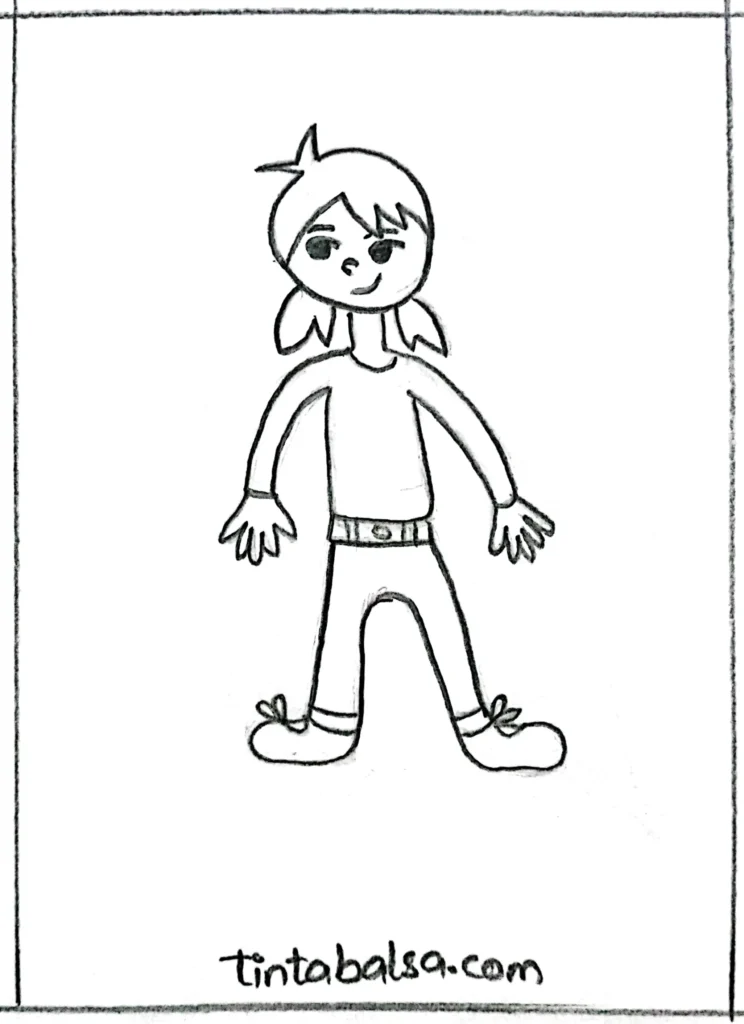 Drawing of a doll dressed in casual and modern clothes, including jeans.