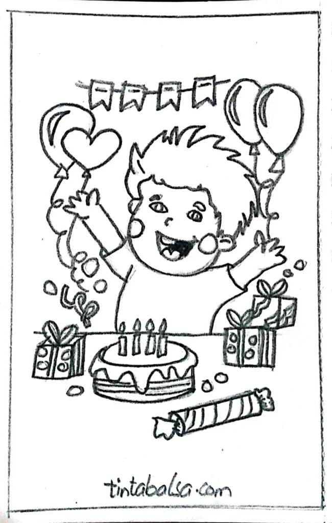 "Drawing of a smiling child cutting a birthday cake, surrounded by friends and family."