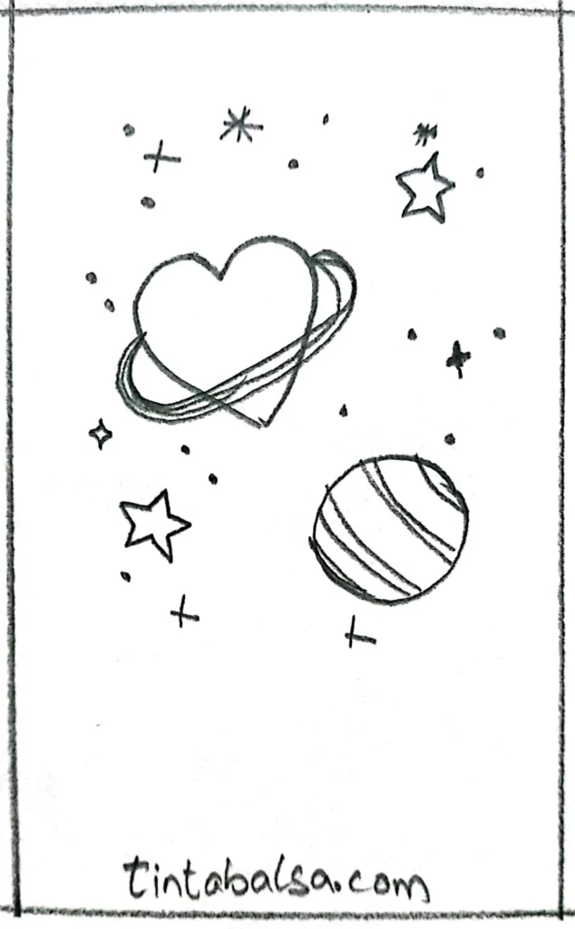 Creative drawing of a planet surrounded by hearts, representing universal love."