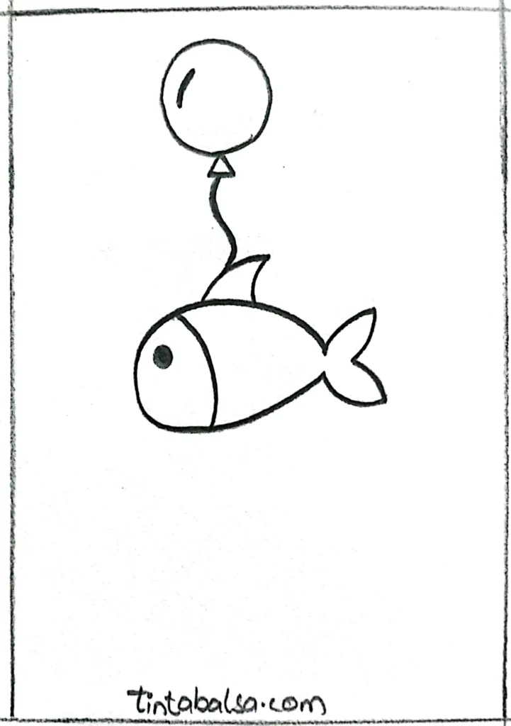 "Create a playful fish holding a floating balloon in an underwater setting."