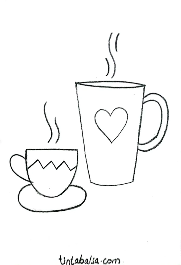 Drawing of two cups connected by a heart, perfect for symbolizing warm relationships."

