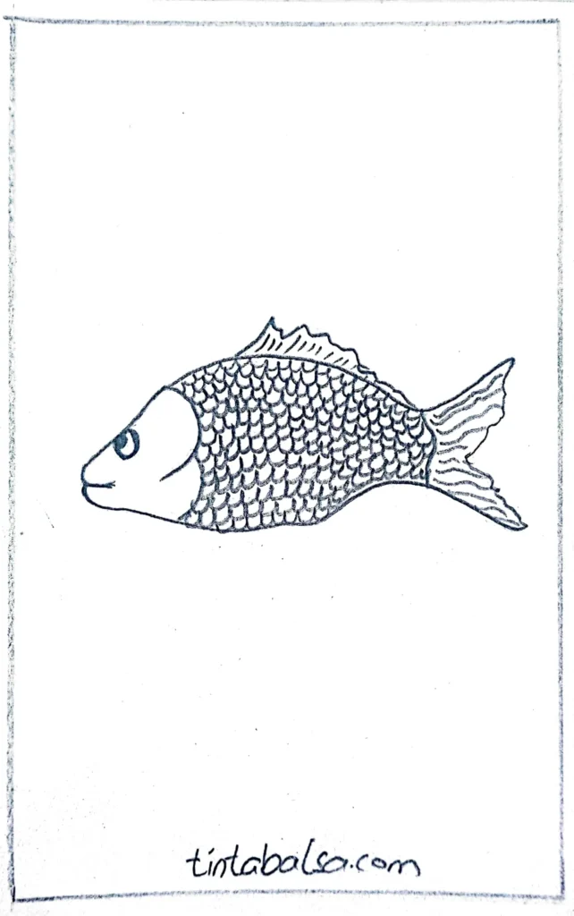 "Detailed drawing of a fish with shiny scales and flowing fins in an underwater scene."