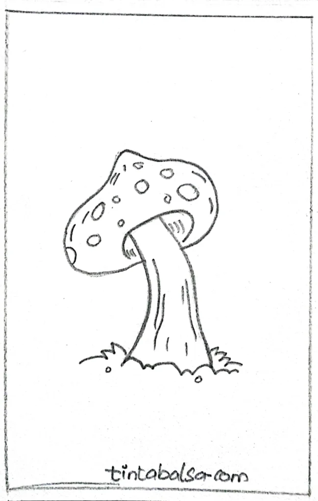 "Drawing of a cluster of mushrooms with textured caps and stems surrounded by grass."