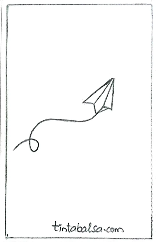 "Simple sketch of a paper plane flying through a blue sky with motion lines and clouds."