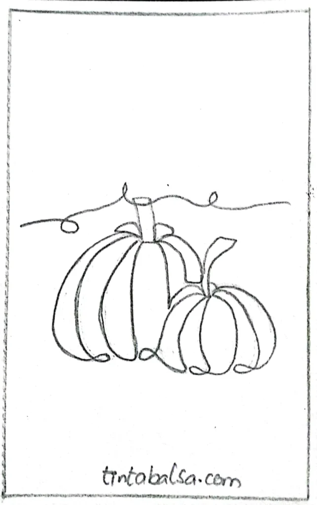 Realistic drawing of a pumpkin with textured skin and a detailed stem, surrounded by autumn leaves."