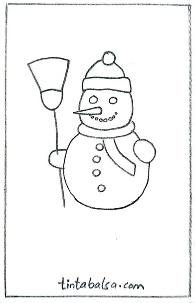 Cheerful snowman with a top hat, scarf, and stick arms in a snowy background."