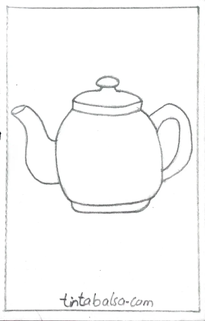 "Detailed drawing of a teapot with floral designs, a curved handle, and steam rising from the spout."